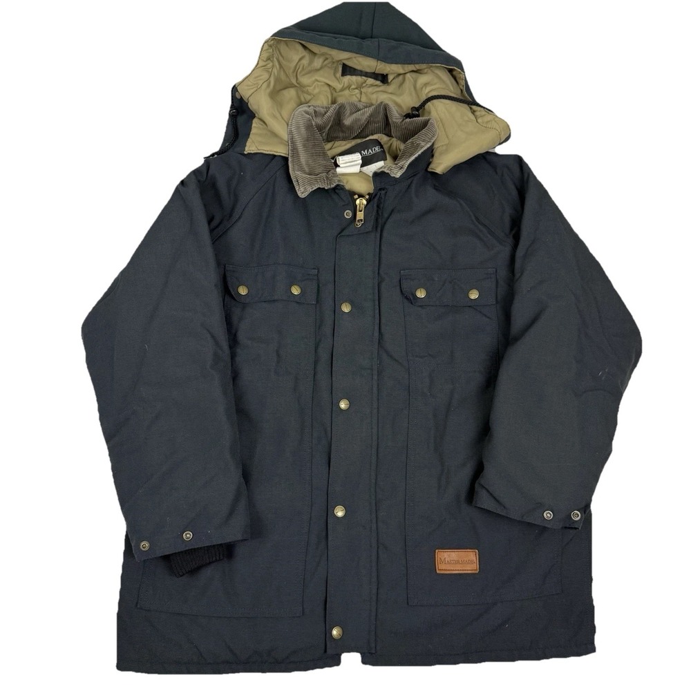 Vintage 90s Walls Mastermade Hooded Canvas Work Jacket Black Large Corduroy USA